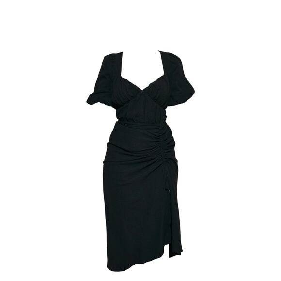 Pretty Little Thing Midi Dress Women's 26 Black Puff Sleeve with Ruching - Picture 2 of 4